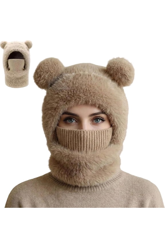 Bear Mask Cap, Bear Ski Mas, Winter 3 in 1 Fleece Beanie Hats, Cute Bear Knit Hood Scarf Head Cover Hat