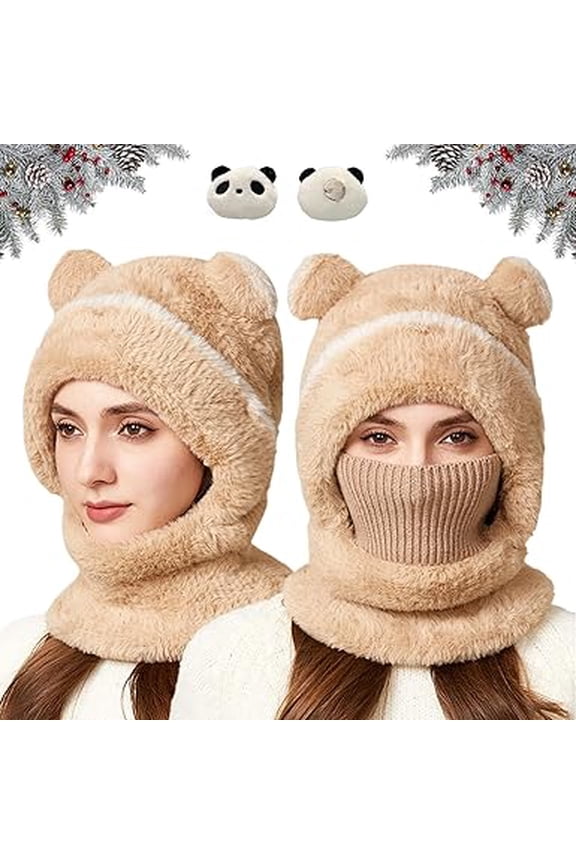 Bear Mask Cap, Cozy Cute Bear Scarf Hat, Winter Windproof Warm 3 in 1 Beanie Hat Fuzzy Bears Ears Balaclava Hood(Khaki)Q