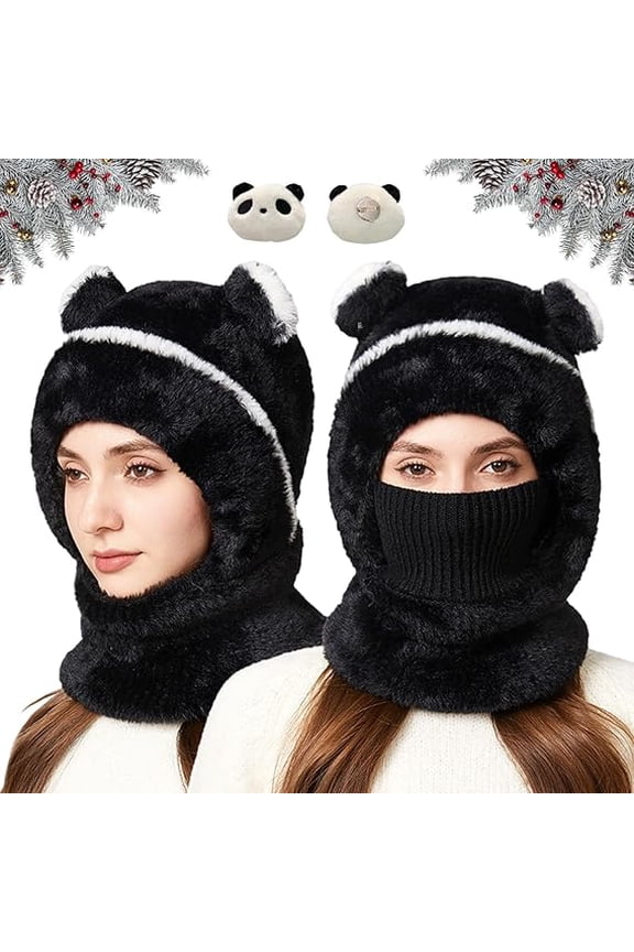 Bear Mask Cap, Cozy Cute Bear Scarf Hat, Winter Windproof Warm 3 in 1 Beanie Hat Fuzzy Bears Ears Balaclava Hood(black)Q