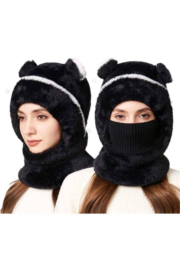 Bear Mask Cap, Lil Bear Hat & Ski Mask, Bears Cap Balaclava, Hood Windproof Furry Mask with Bear Ears for Women (Black-adult)