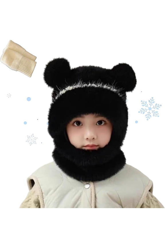 Bear Mask Cap, Lil Bear Hat & Ski Mask, Bears Cap Balaclava, Hood Windproof Furry Mask with Bear Ears for Women (Black-kid)