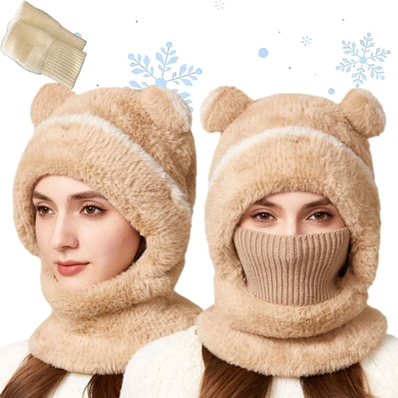 Bear Mask Cap, Lil Bear Hat & Ski Mask, Bears Cap Balaclava, Hood Windproof Furry Mask with Bear Ears for Women (Khaki-adult)