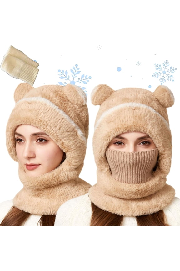 Bear Mask Cap, Lil Bear Hat & Ski Mask, Bears Cap Balaclava, Hood Windproof Furry Mask with Bear Ears for Women (Khaki-adult)