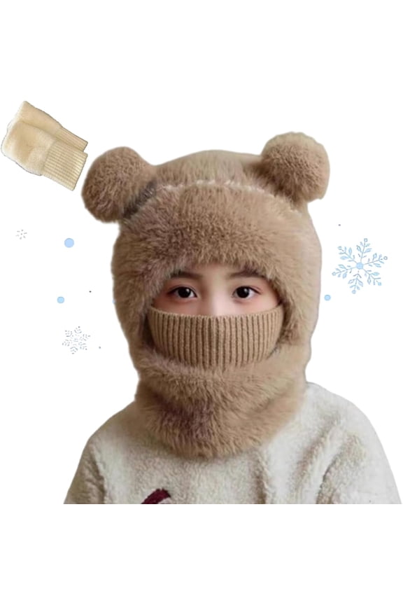 Bear Mask Cap, Lil Bear Hat & Ski Mask, Bears Cap Balaclava, Hood Windproof Furry Mask with Bear Ears for Women (Khaki-kid)