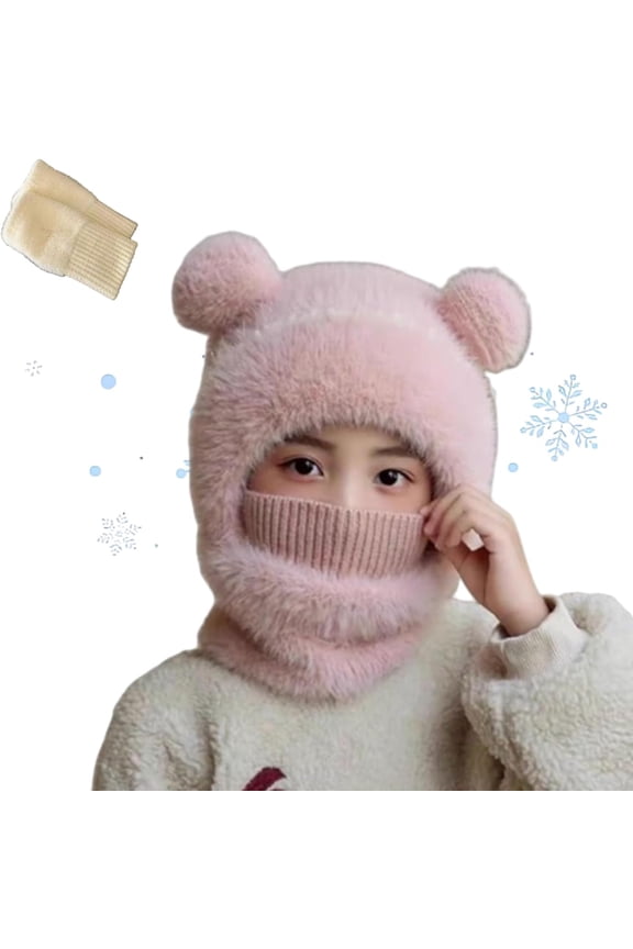 Bear Mask Cap, Lil Bear Hat & Ski Mask, Bears Cap Balaclava, Hood Windproof Furry Mask with Bear Ears for Women (Pink-kid)