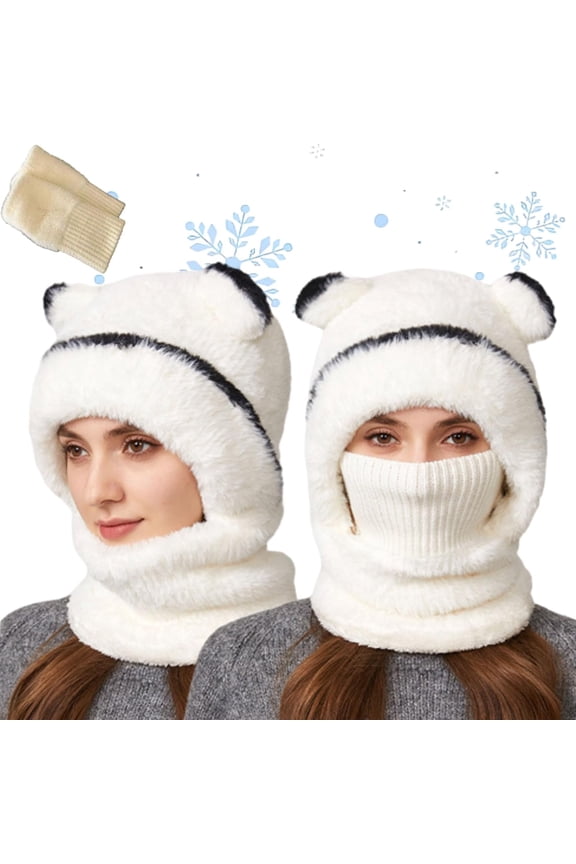 Bear Mask Cap, Lil Bear Hat & Ski Mask, Bears Cap Balaclava, Hood Windproof Furry Mask with Bear Ears for Women (White-adult)
