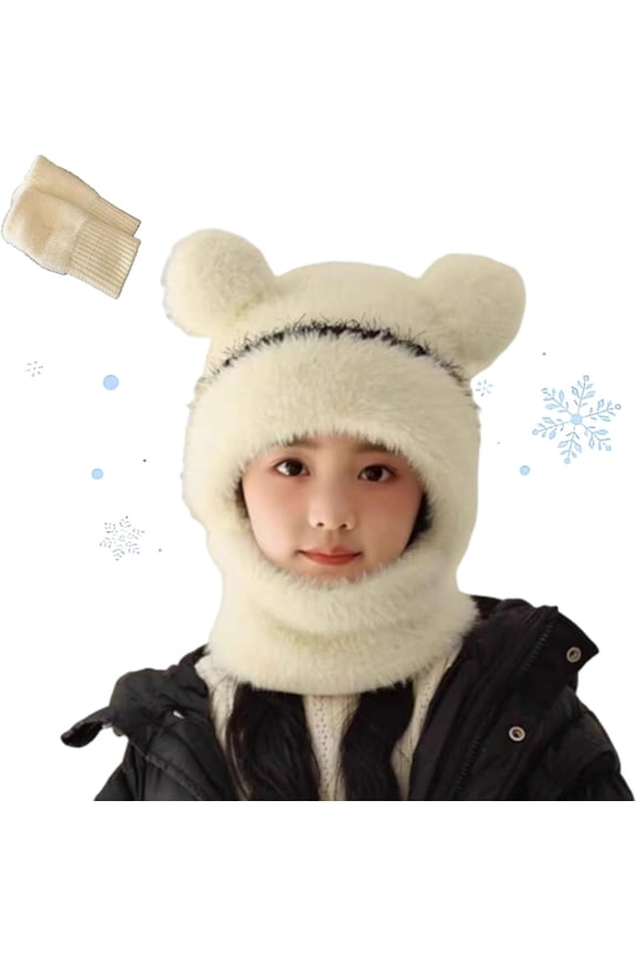 Bear Mask Cap, Lil Bear Hat & Ski Mask, Bears Cap Balaclava, Hood Windproof Furry Mask with Bear Ears for Women (White-kid)