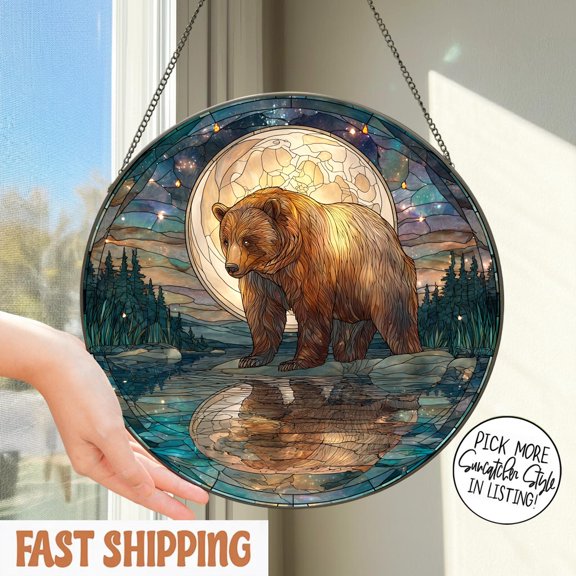 Bear Moon Stained Glass Wall Art | Rustic Cabin Decor Home Accessory | Woodland Nature Lover Gift | Mountain Lodge Theme