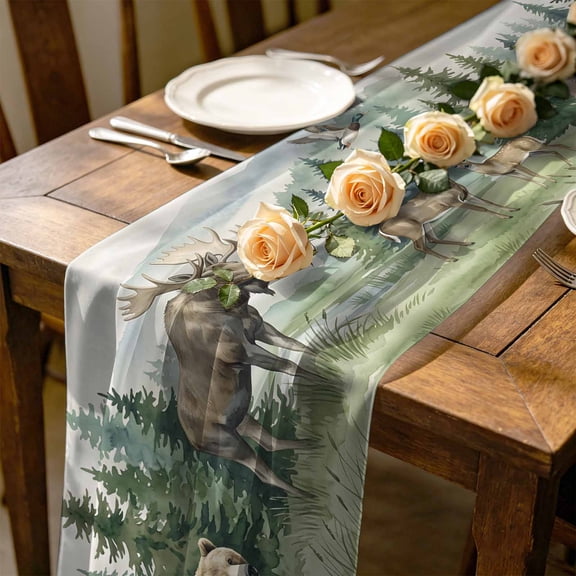 Bear Moose 10 ft Cheesecloth Table Runner for Wedding 27"x120", Brown Wildlife Animal Rustic Green Pine Trees Kitchen Dinner Sheer Tulle Chiffon Dresser Scarf, Holiday Party Decorations