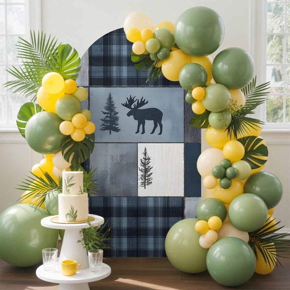 Bear Moose Arch Backdrop Cover, 5FT, Blue Retro Forest Wild Animal Buffalo Plaid Patchwork Spandex Arch Covers Double-Sided Backdrop for Wedding Birthday Party Photo Background Decoration