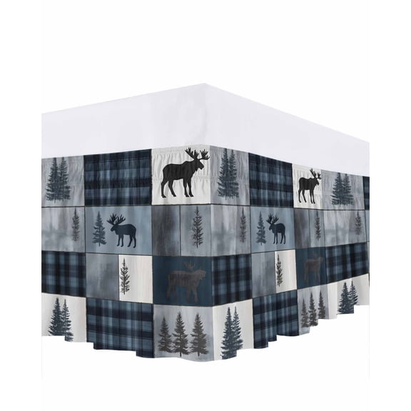 Bear Moose Bed Skirt King Size 18" Drop Blue Retro Forest Wild Animal Buffalo Plaid Patchwork Ruffled Wrap Around Bed Skirts Adjustable Elastic Bedskirt Dust Ruffle for King Size Bed