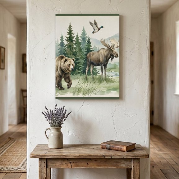 Bear Moose Canvas Wall Art for Living Room Bedroom Bathroom, Brown Wildlife Animal Rustic Green Pine Trees Canvas Art Wall Decor, Artwork for Walls Home Office Decor, 8"x10"
