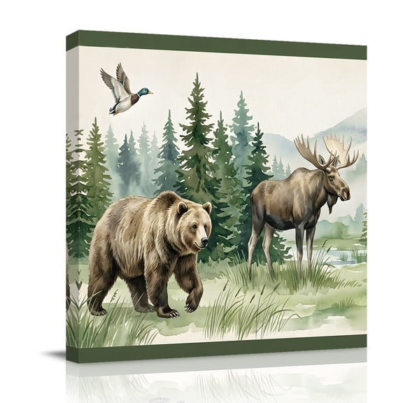 Bear Moose Canvas Wall Art for Living Room, Brown Wildlife Animal Rustic Green Pine Trees Poster Print Painting for Bedroom Office Home Decoration Wall Pictures Prepare To Hang 8"x8"