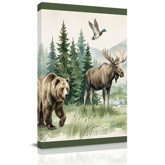 Bear Moose Canvas Wall Art for Living Room, Brown Wildlife Animal Rustic Green Pine Trees Wall Decor Framed Artwork Pictures Ready to Hang for Bedroom Office Home Decor