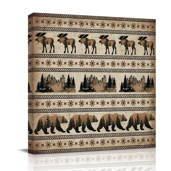 Bear Moose Canvas Wall Art for Living Room, Country Vintage Bronze Forest Pine Tree Abstract Stripe Plaid Wall Decor Framed Artwork Pictures Ready to Hang for Bedroom Office Home Decor