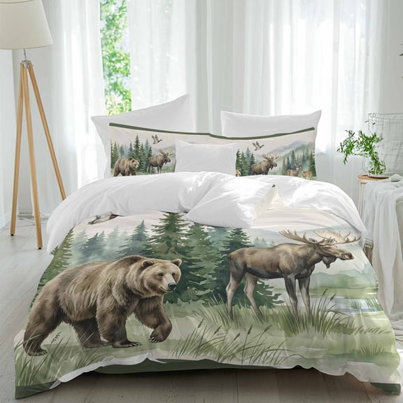 Bear Moose Comforter Set Full Size, Brown Wildlife Animal Rustic Green Pine Trees Soft Bedding Set for Man Woman, 4 Pieces Duvet Cover Set with Fitted Sheet, 2 Pillowcases