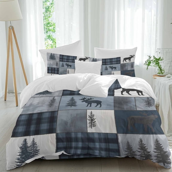 Bear Moose Comforter Set Twin Size, Blue Retro Forest Wild Animal Buffalo Plaid Patchwork Soft Bedding Set for Man Woman, 4 Pieces Duvet Cover Set with Fitted Sheet, 2 Pillowcases