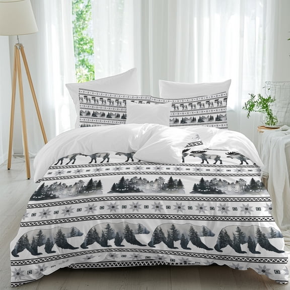 Bear Moose Comforter Set Twin Size, Country Vintage Gray Forest Pine Tree Abstract Stripe Plaid Soft Bedding Set for Man Woman, 4 Pieces Duvet Cover Set with Fitted Sheet, 2 Pillowcases