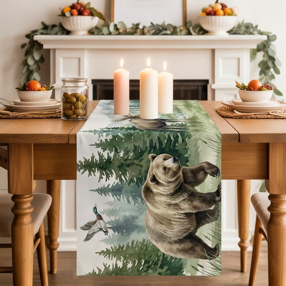 Bear Moose Dining Table Runner, Brown Wildlife Animal Rustic Green Pine Trees Washable Table Runners Kitchen Coffee Table Center Decor for Home Party Holiday Wedding 13 x 36 Inches