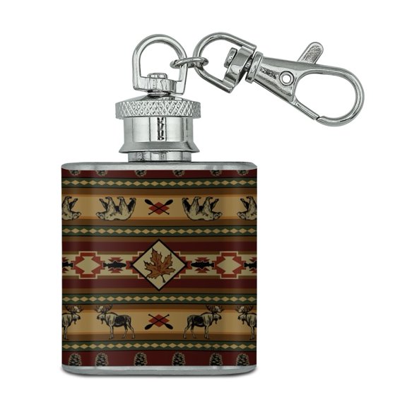 Bear Moose Fish Oak Leaf Pine Cone Lodge Cabin Stainless Steel 1oz Mini Flask Key Chain