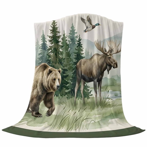 Bear Moose Fleece Throw Blanket Brown Wildlife Animal Rustic Green Pine Trees Ultra Soft Fuzzy Cozy Flannel Throw Blanket for Couch Sofa Bed Car Travel, Ideal Gifts 60x80 Inches