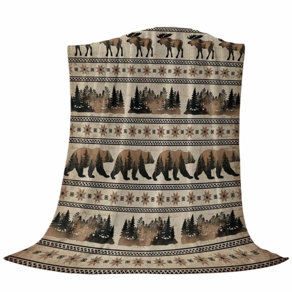 Bear Moose Fleece Throw Blanket Country Vintage Bronze Forest Pine Tree Abstract Stripe Plaid Ultra Soft Fuzzy Cozy Flannel Throw Blanket for Couch Sofa Bed Car Travel, Ideal Gifts 40x50 Inches