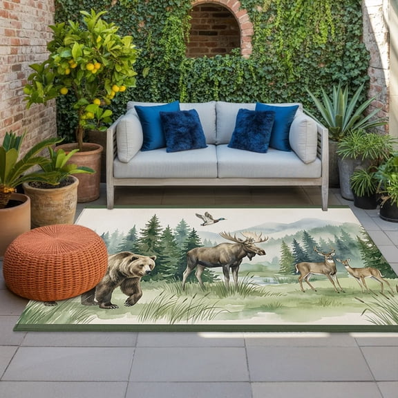 Bear Moose Indoor Outdoor Rugs 6x9 Ft, Brown Wildlife Animal Rustic Green Pine Trees Outdoor Patio Rugs Mat Washable Outside Area Rugs Carpet for Porch Deck RV Camping Pool Balcony Backyard