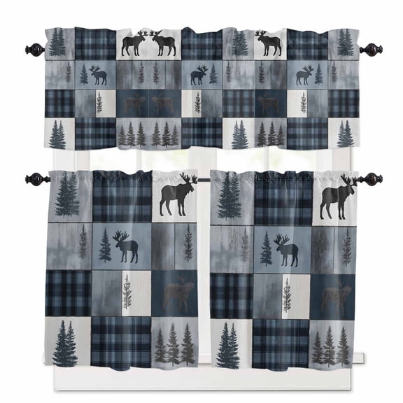 Bear Moose Kitchen Curtains Valance and Tier Set Blue Retro Forest Wild Animal Buffalo Plaid Patchwork Rod Pocket Short Curtains for Small Window 3 Pieces Set for Bedroom Cafe (54" x 18"+27" x 24")