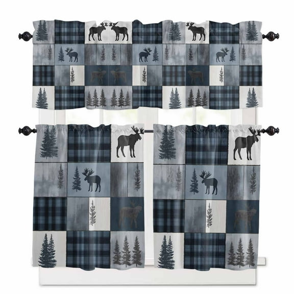 Bear Moose Kitchen Curtains and Valances Set, Blue Retro Forest Wild Animal Buffalo Plaid Patchwork Rod Pocket Window Valance Window Curtain Panels for Living Room Bedroom, 27.5x24in, 3 Pieces