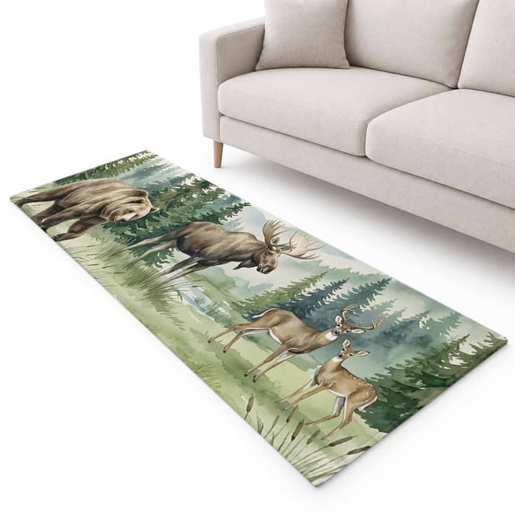 Bear Moose Runner Rug 2.6'x8', Brown Wildlife Rustic Green Pine Trees ...