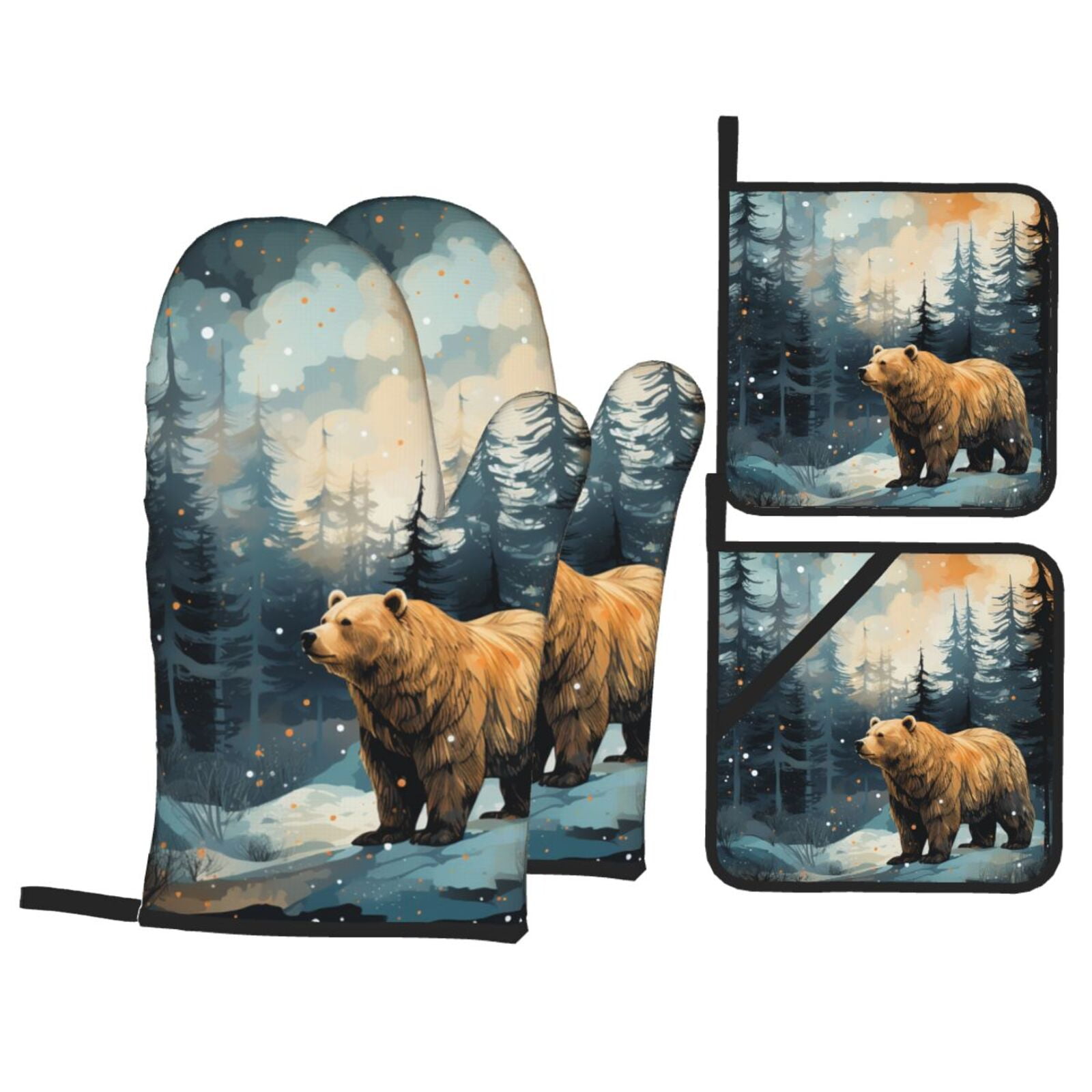 Bear Moose Rustic Wood 4Pcs Oven Mitts and Pot Holders Sets Oven Kitchen Gloves Hot Pads for Cooking BBQ Baking Grilling