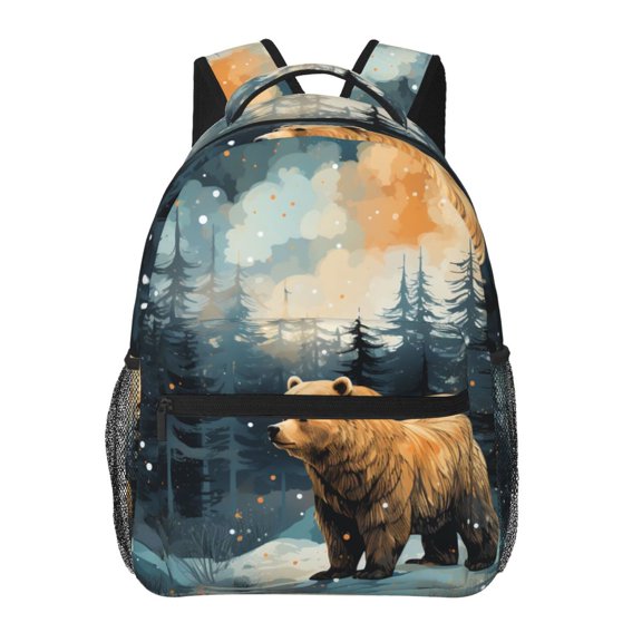 Bear Moose Rustic Wood Backpack Casual College Bag Zipper Laptop Daypack Hiking Rucksack Travel