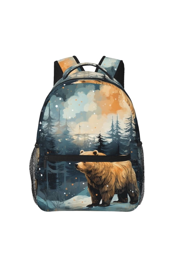 Bear Moose Rustic Wood Backpack Casual College Bag Zipper Laptop Daypack Hiking Rucksack Travel