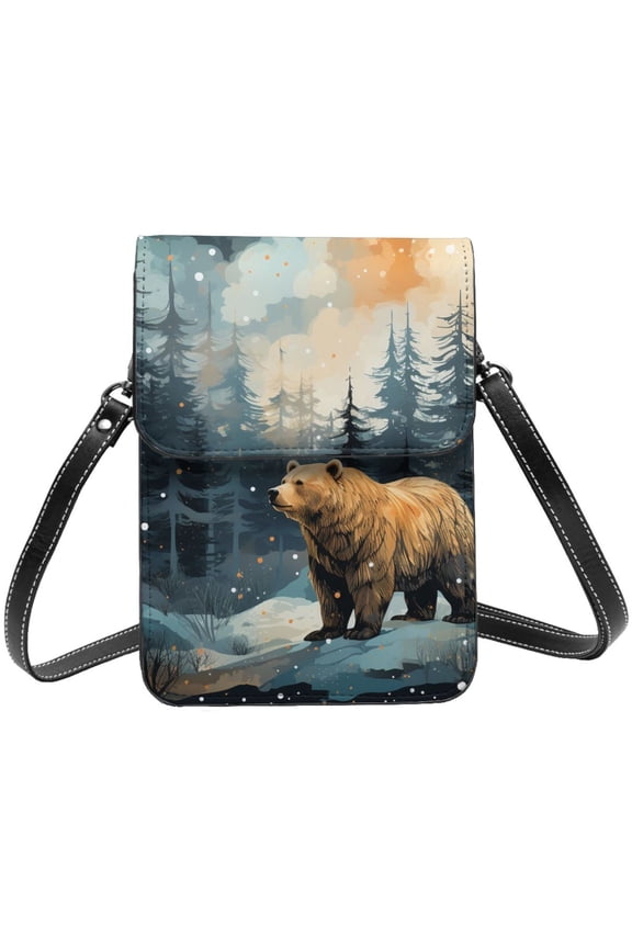 Bear Moose Rustic Wood Cell Phone Purse Small Crossbody Bag with Strap Credit Card Slots Leather Shoulder Wallet for Women