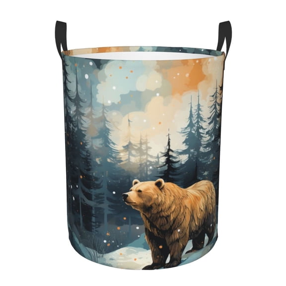Bear Moose Rustic Wood Foldable Laundry Hamper with Handle Storage Basket for Clothes Toys & Organizing