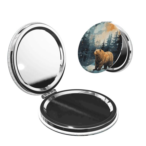 Bear Moose Rustic Wood Portable Double-Sided Face Mirror Round Shape, Magnifying Compact Pocket Mirror with PU Leather Cover
