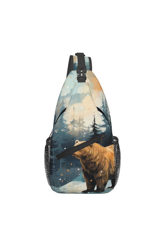 Bear Moose Rustic Wood Sling Backpack Shoulder Chest Crossbody Bag Causal Travel Hiking Daypack
