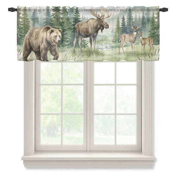 Bear Moose Semi Sheer Valance Curtains Brown Wildlife Animal Rustic Green Pine Trees Voile Valances Curtain Rod Pocket Small Window Treatment for Kitchen Bathroom Cafe 42"x18"