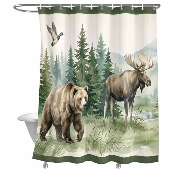 Bear Moose Shower Curtain, Brown Wildlife Animal Rustic Green Pine Trees Lightweight Waterproof Fabric Shower Curtain with Rustproof Grommets for Bathroom Bathtub 72x84in