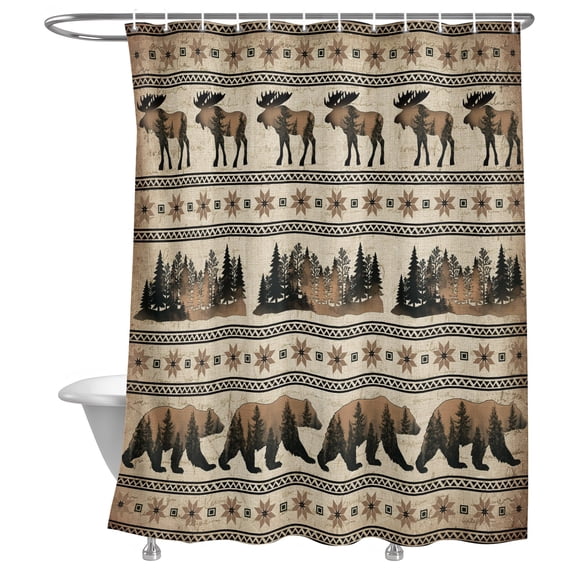 Bear Moose Shower Curtain, Country Vintage Bronze Forest Pine Tree Abstract Stripe Plaid Lightweight Waterproof Fabric Shower Curtain with Rustproof Grommets for Bathroom Bathtub 72x84in