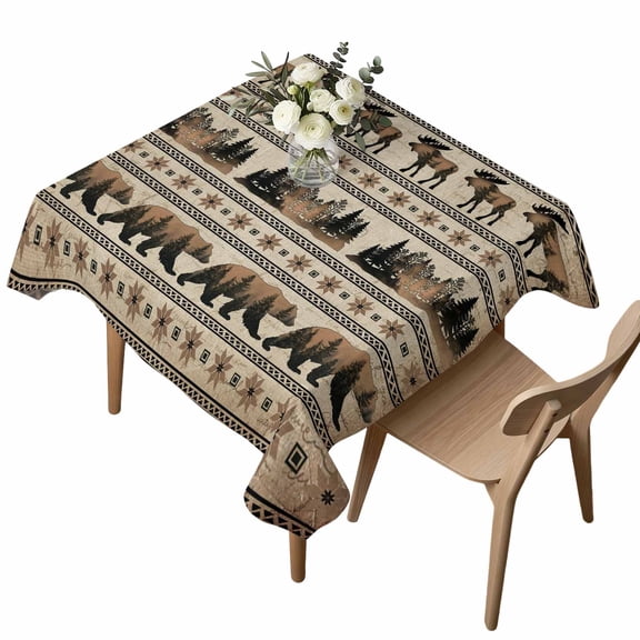 Bear Moose Square Tablecloth Country Vintage Bronze Forest Pine Tree Abstract Stripe Plaid Waterproof Wrinkle Free Soft Table Cloth Spill-Proof Washable Table Cover for Dining Picnic 60 x 60 Inch