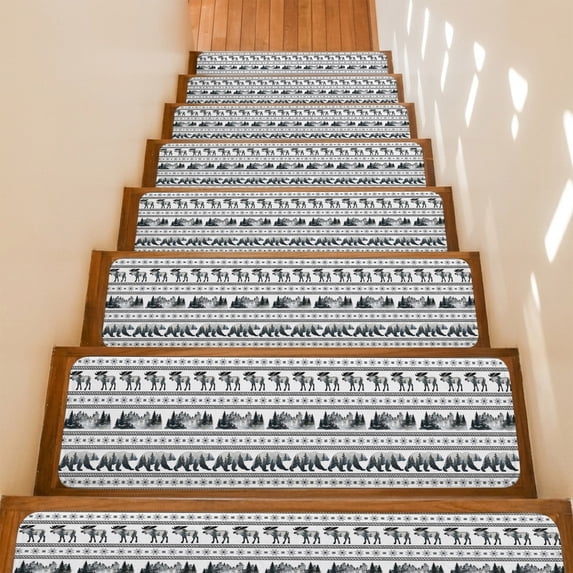 Bear Moose Stair Treads Non Slip for Steps Country Vintage Gray Forest Pine Tree Abstract Stripe Plaid 7 Pcs Reusable Adhesive Stair Runner Mats for Dogs Elders Treads Rugs for Staircase 8x30 In