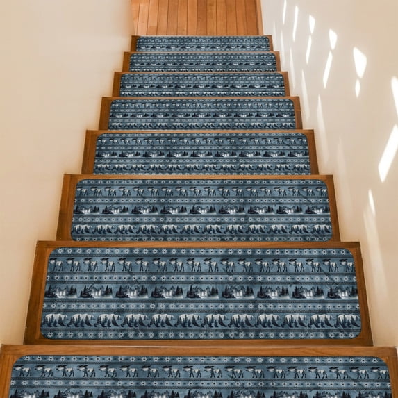 Bear Moose Stair Treads Non Slip for Steps Country Vintage Navy Blue Forest Pine Tree Abstract Stripe Plaid 4 Pcs Reusable Adhesive Stair Runner Mats for Dogs Elders Treads Rugs for Staircase 8x30 In