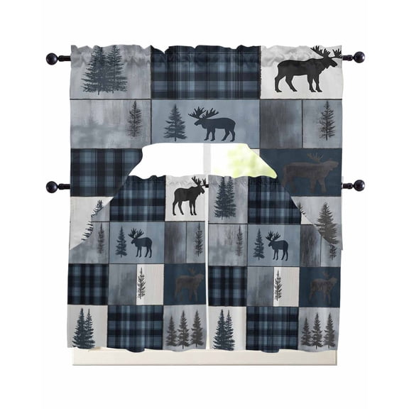 Bear Moose Swag Valance and Tier Curtains Set Blue Retro Forest Wild Animal Buffalo Plaid Patchwork Kitchen Curtains 3 Piece Set Rod Pocket Panels for Bedroom Cafe Swag Valances and 24 inches Tiers