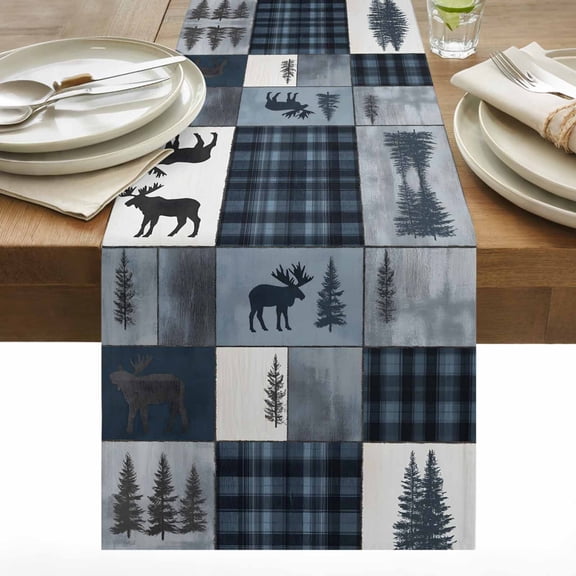 Bear Moose Table Runner 13x36 inch Blue Retro Forest Wild Animal Buffalo Plaid Patchwork Cotton Linen Dining Table Runner Ideal for Dresser Kitchen Coffee Tables - Machine Washable