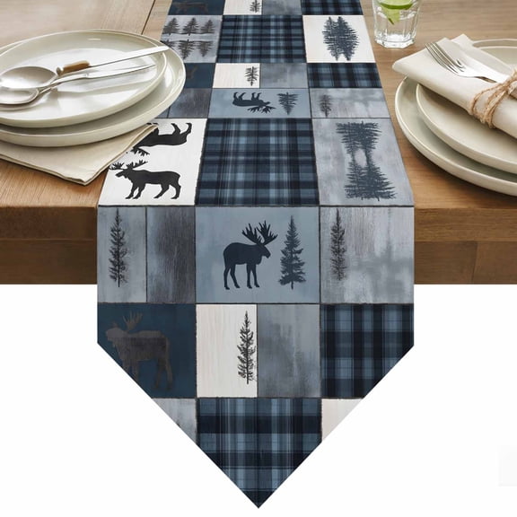 Bear Moose Table Runner 36 Inches Long Blue Retro Forest Wild Animal Buffalo Plaid Patchwork Table Runners for Dining Room Tabletop Dresser Scarf Home Party Banquet Wedding Holiday Decoration