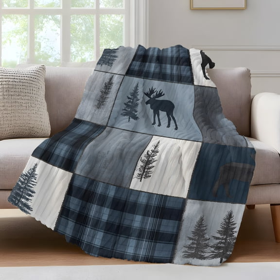 Bear Moose Throw Blanket for Couch Blue Retro Forest Wild Animal Buffalo Plaid Patchwork Soft and Warm Flannel 3D Striped Fluffy Fuzzy Fleece Blanket Lightweight Throw for Bed, Sofa 30 x 40 Inches