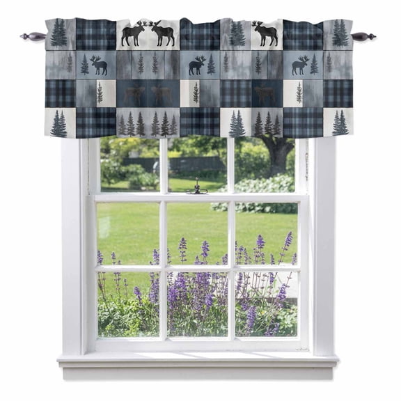Bear Moose Valance Curtain Blue Retro Forest Wild Animal Buffalo Plaid Patchwork Window Valances Rod Pocket Short Curtains Window Treatments for Kitchen Bedroom Bathroom Laundry 42" x 12"