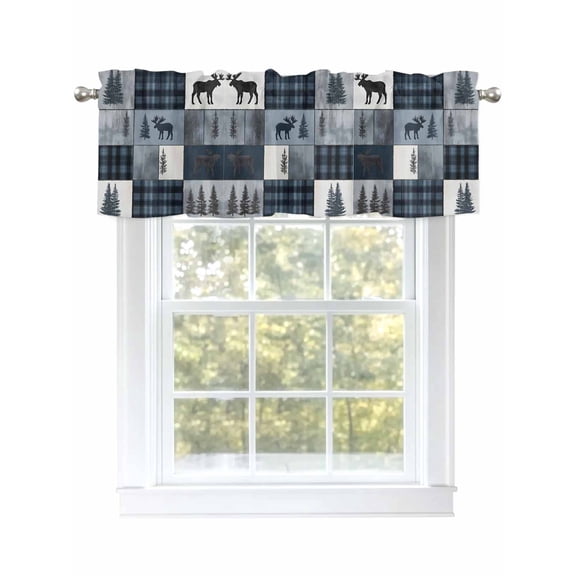 Bear Moose Valances for Windows Blue Retro Forest Wild Animal Buffalo Plaid Patchwork Kitchen Valance Curtain Rod Pocket Small Curtains for Cafe Bathroom Laundry Basement 42" x 12"