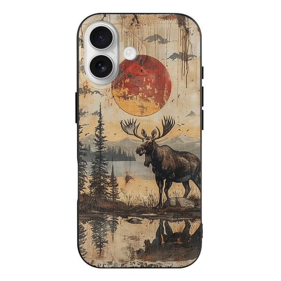 Bear Moose Vintage Sunset Rustic Phone Case Compatible with iPhone 17 TPU Black Shockproof Cover
